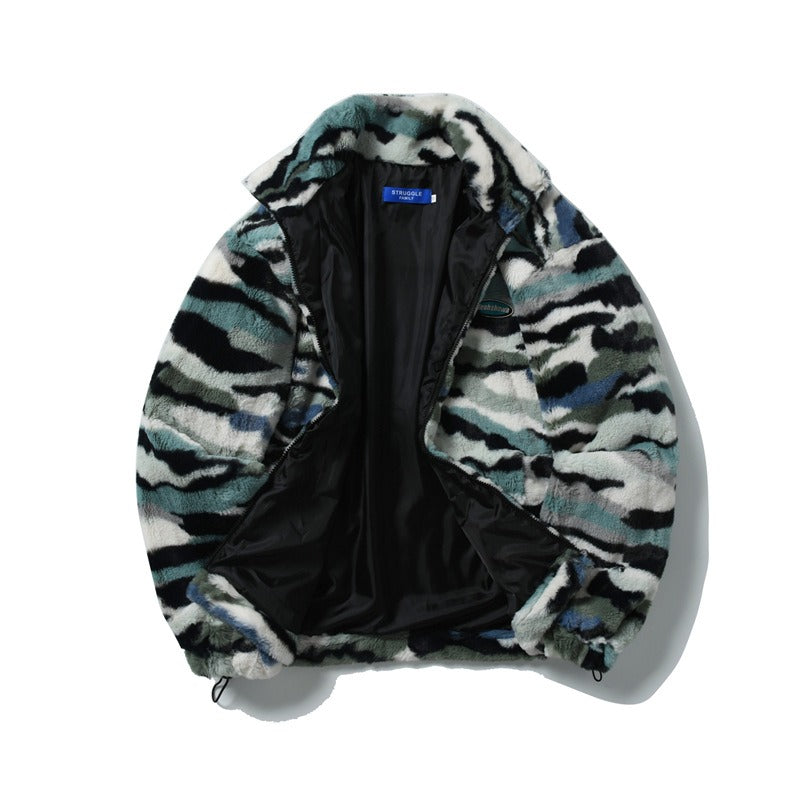 Autumn and winter retro camouflage imitation rabbit plush jacket for men and women loose casual versatile warm cotton jacket