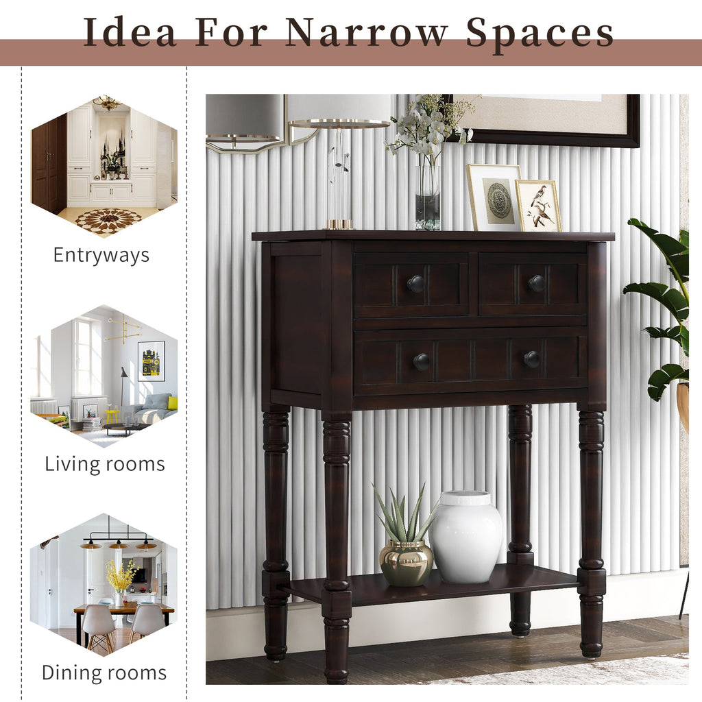 TREXM Narrow Console Desk, Ultra Thin Sofa Table with Three Storage Drawers and Living Room Bottom Shelves (Espresso)
