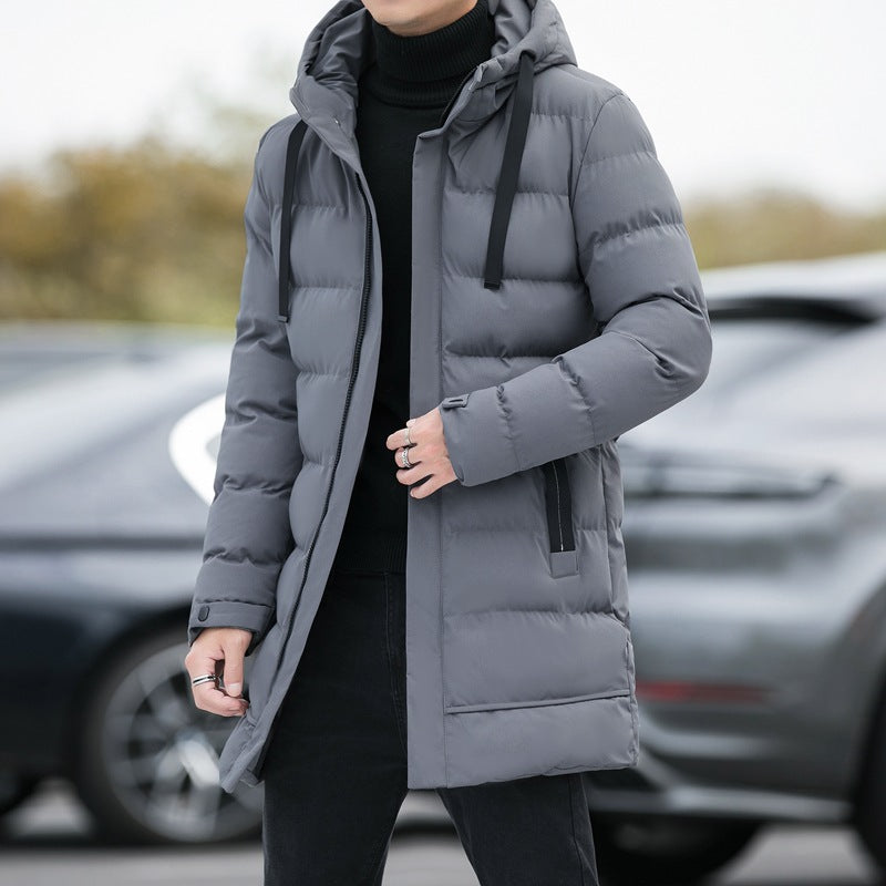 Loose men's medium to long thick warm casual fashion cotton jacket hooded cotton jacket for men