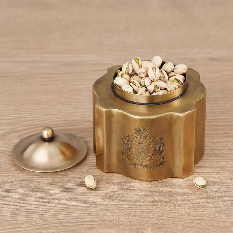 Brass vintage storage box, coffee can, chocolate candy can, tea can, decorative tabletop ornament