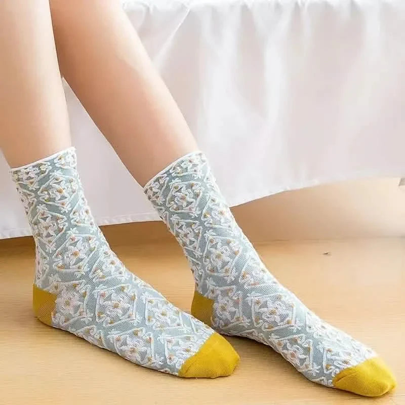 5-Pairs: Flower Geometric 3D Textured Ankle Cotton Blend Cottage Core Lucky Socks