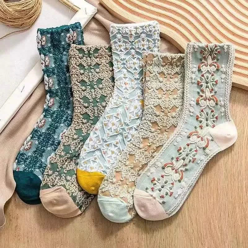 5-Pairs: Flower Geometric 3D Textured Ankle Cotton Blend Cottage Core Lucky Socks