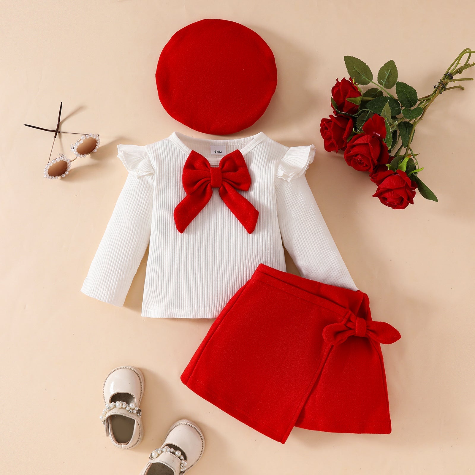 Fashion Step Girl Big Bow Beret Long Sleeve Top with Velvet Half Skirt Autumn/Winter 3-Piece Set