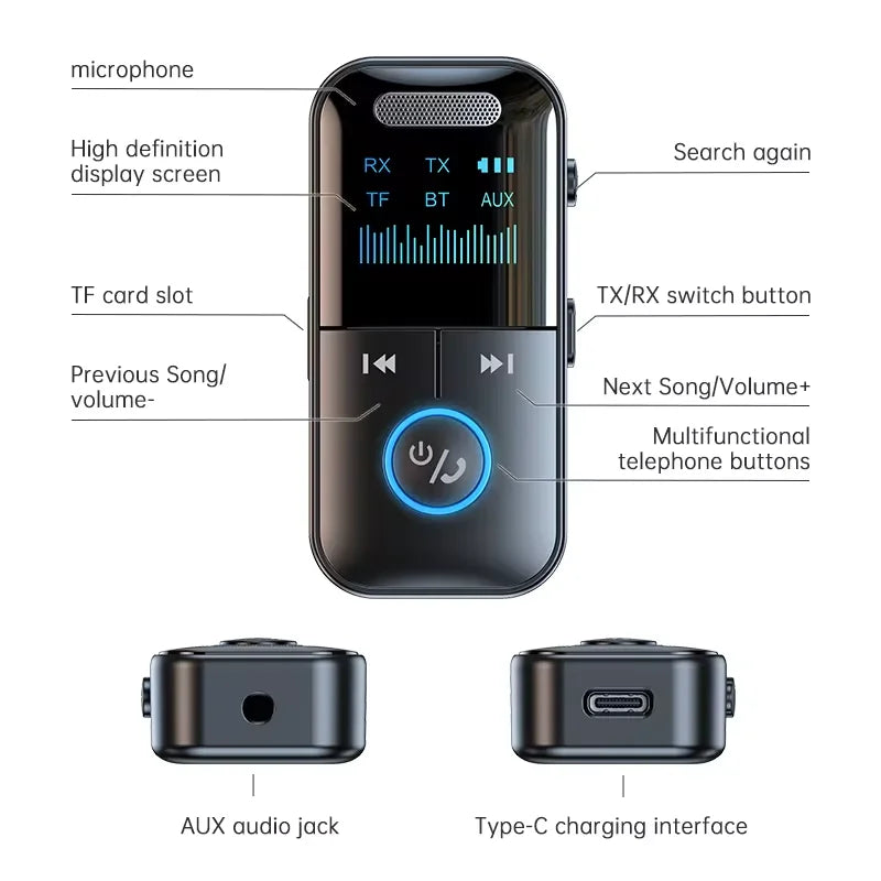 Bluetooth 5.4 Receiver Transmitter 3.5mm AUX Audio Receiver Support TF Card Wireless Audio Adapter With Mic LED Digital Display