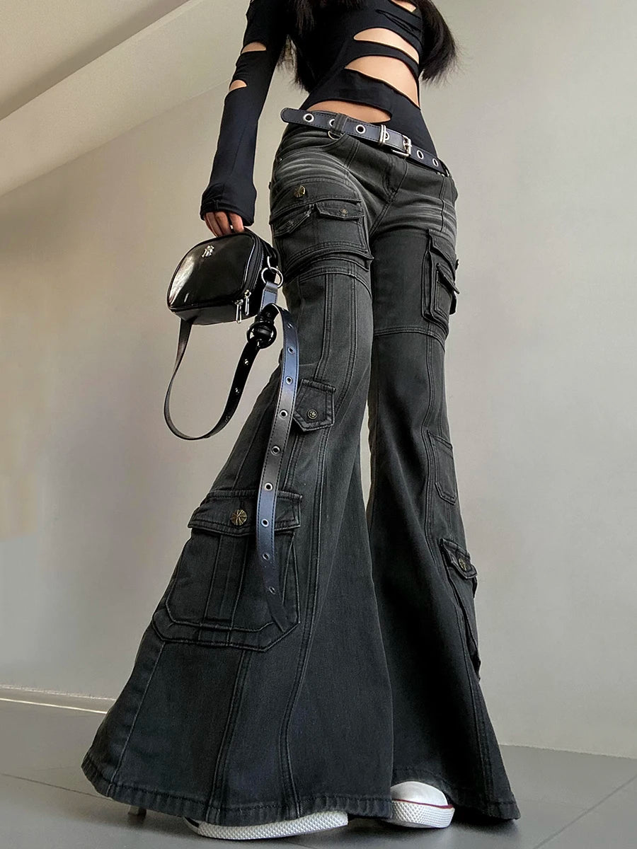 REDDACHiC Acubi Fashion Black Flare Jeans Retro Whiskers Skinny Stretch Low Rise Pockets Cargo Pants Women Grunge Alt Streetwear
