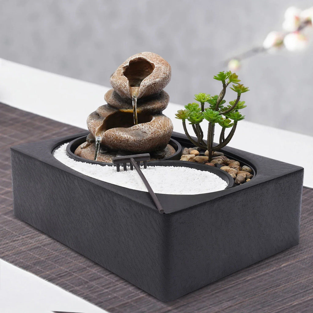 Bymaocar Tabletop Resin Rock Water Fountain With LED Light Indoor Decor