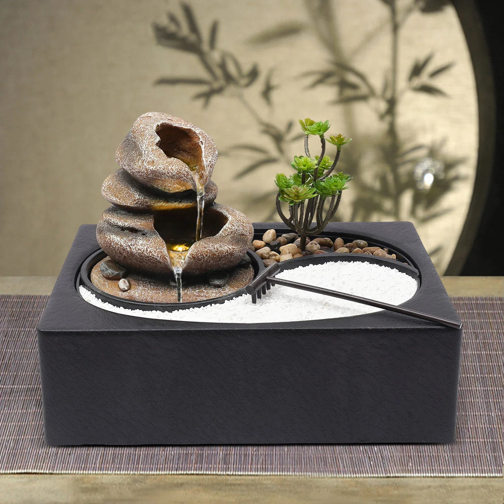 Bymaocar Tabletop Resin Rock Water Fountain With LED Light Indoor Decor