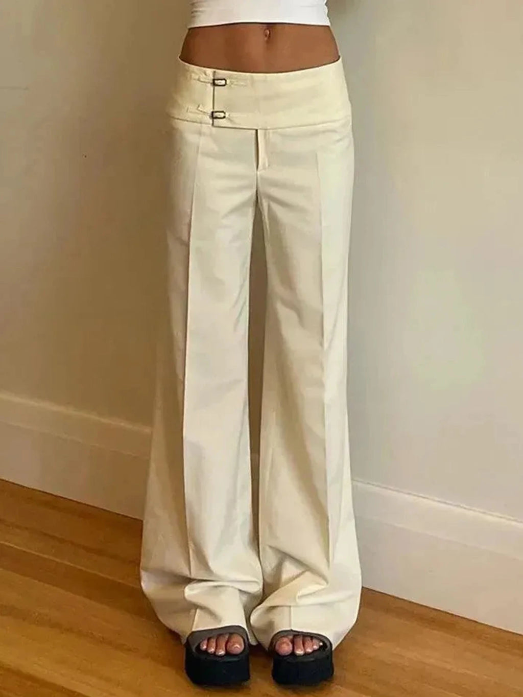 Women Solid Color Commuter Y2K Straight Leg Slightly Flared Pants Low Waist Minimalist Casual Cargo Pants Asymmetrical Waistband