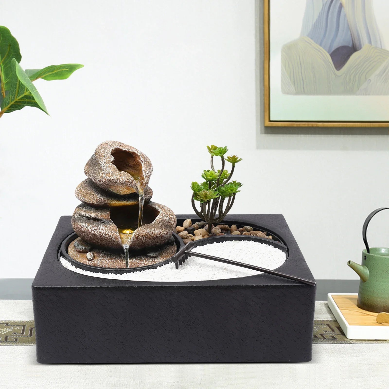 Bymaocar Tabletop Resin Rock Water Fountain With LED Light Indoor Decor