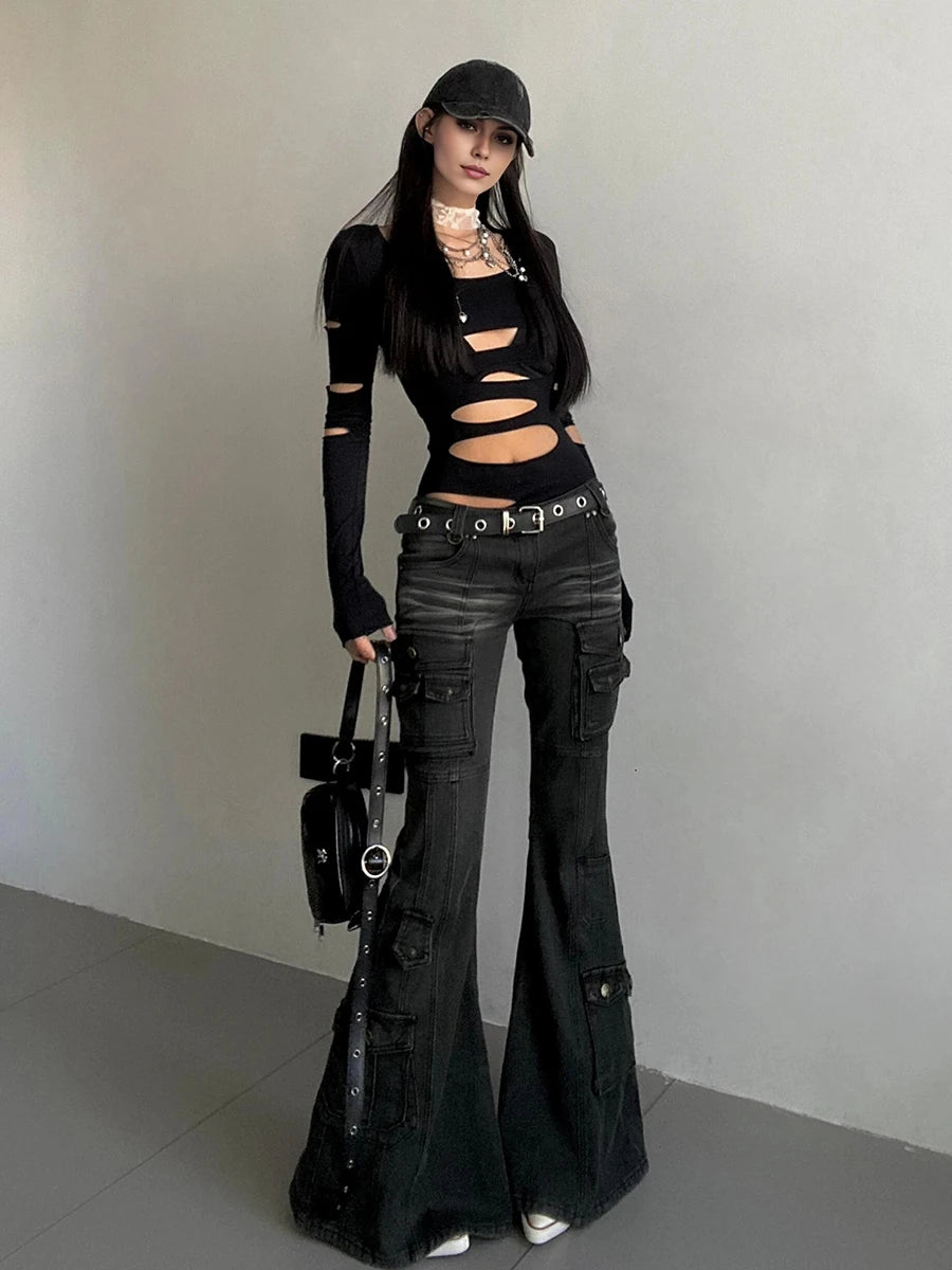 REDDACHiC Acubi Fashion Black Flare Jeans Retro Whiskers Skinny Stretch Low Rise Pockets Cargo Pants Women Grunge Alt Streetwear