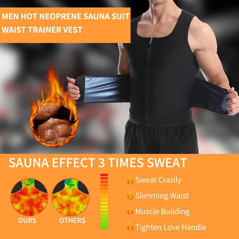 Men Body Shaper Sauna Sweat Vest Workout Tank Top Abdomen Reducer Waist Trainer Belly Slimming Shapewear with Zipper Weight Loss