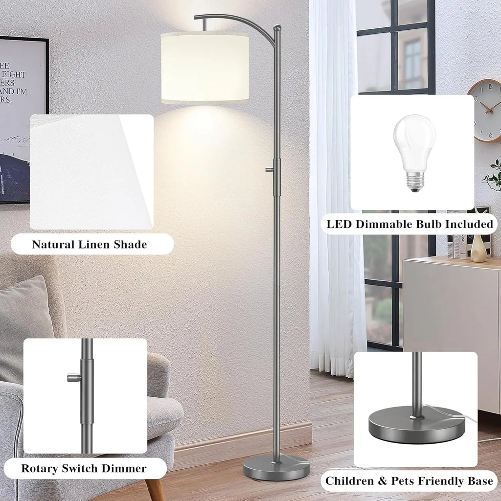 Dimmable Arc Floor Lamp With Linen Shade Stepless Dimming