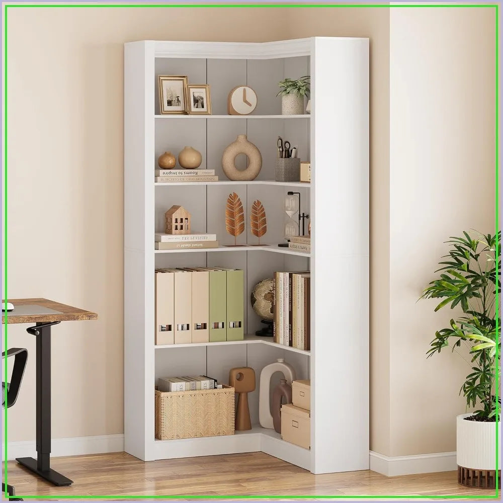 Corner L Shaped Bookcase With 5 Tier Display Shelf