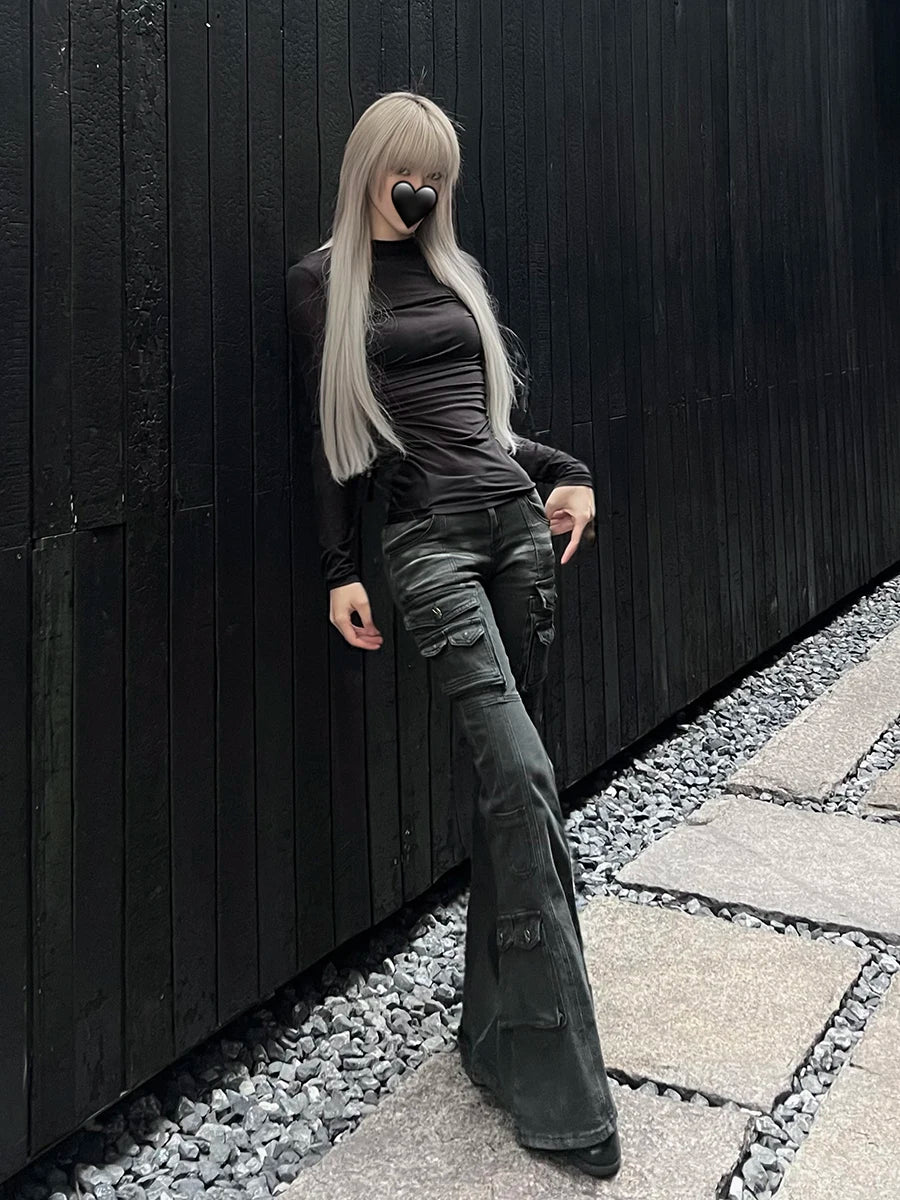 REDDACHiC Acubi Fashion Black Flare Jeans Retro Whiskers Skinny Stretch Low Rise Pockets Cargo Pants Women Grunge Alt Streetwear