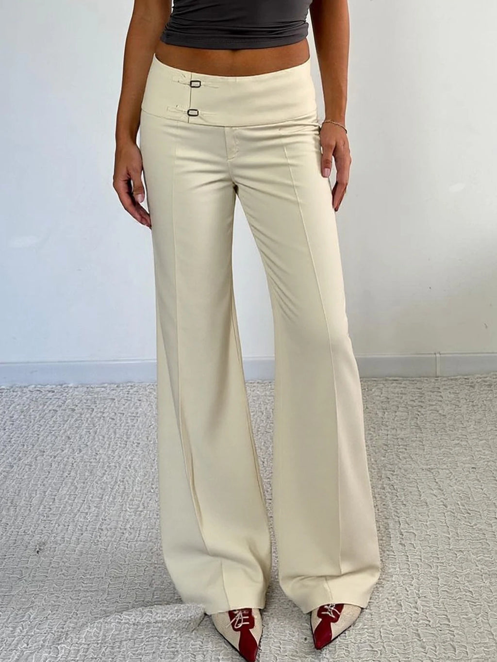 Women Solid Color Commuter Y2K Straight Leg Slightly Flared Pants Low Waist Minimalist Casual Cargo Pants Asymmetrical Waistband