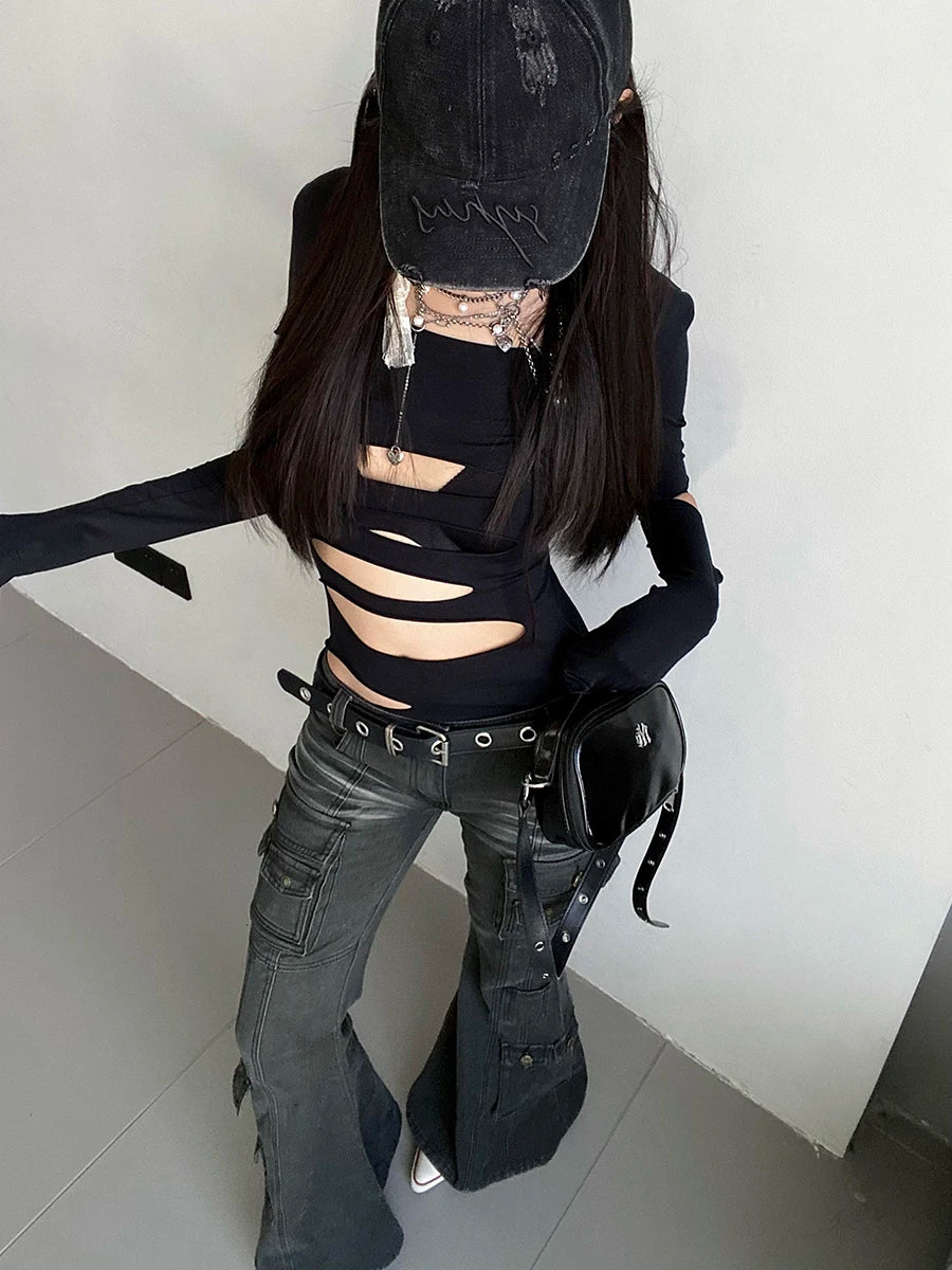 REDDACHiC Acubi Fashion Black Flare Jeans Retro Whiskers Skinny Stretch Low Rise Pockets Cargo Pants Women Grunge Alt Streetwear