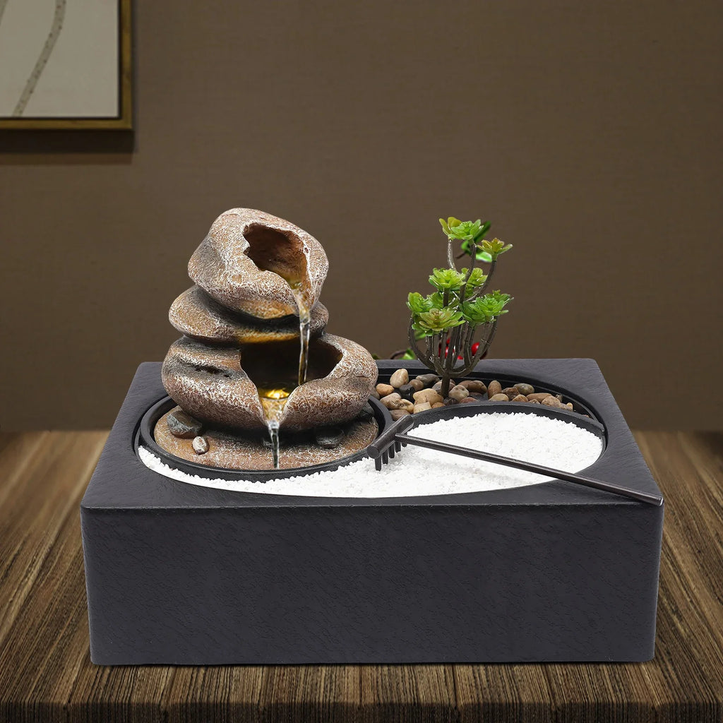 Bymaocar Tabletop Resin Rock Water Fountain With LED Light Indoor Decor