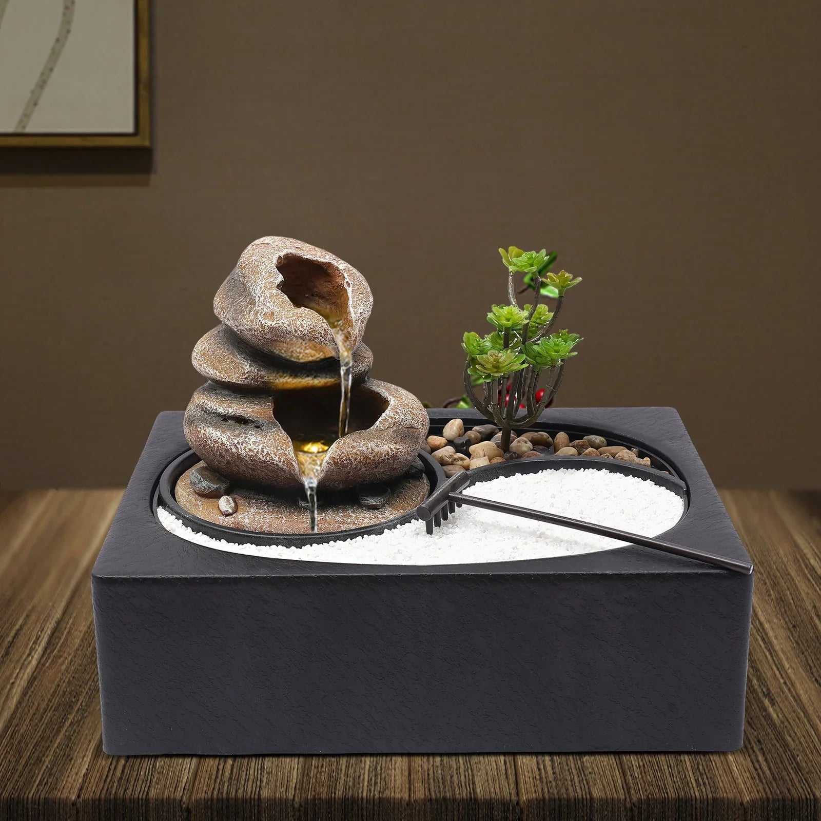 Bymaocar Tabletop Resin Rock Water Fountain With LED Light Indoor Decor