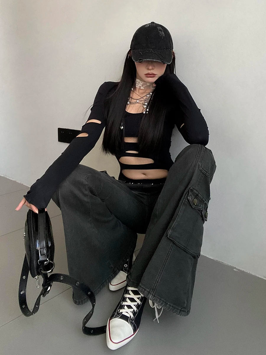 REDDACHiC Acubi Fashion Black Flare Jeans Retro Whiskers Skinny Stretch Low Rise Pockets Cargo Pants Women Grunge Alt Streetwear