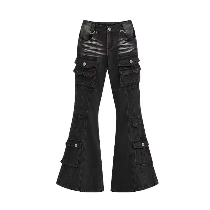 REDDACHiC Acubi Fashion Black Flare Jeans Retro Whiskers Skinny Stretch Low Rise Pockets Cargo Pants Women Grunge Alt Streetwear