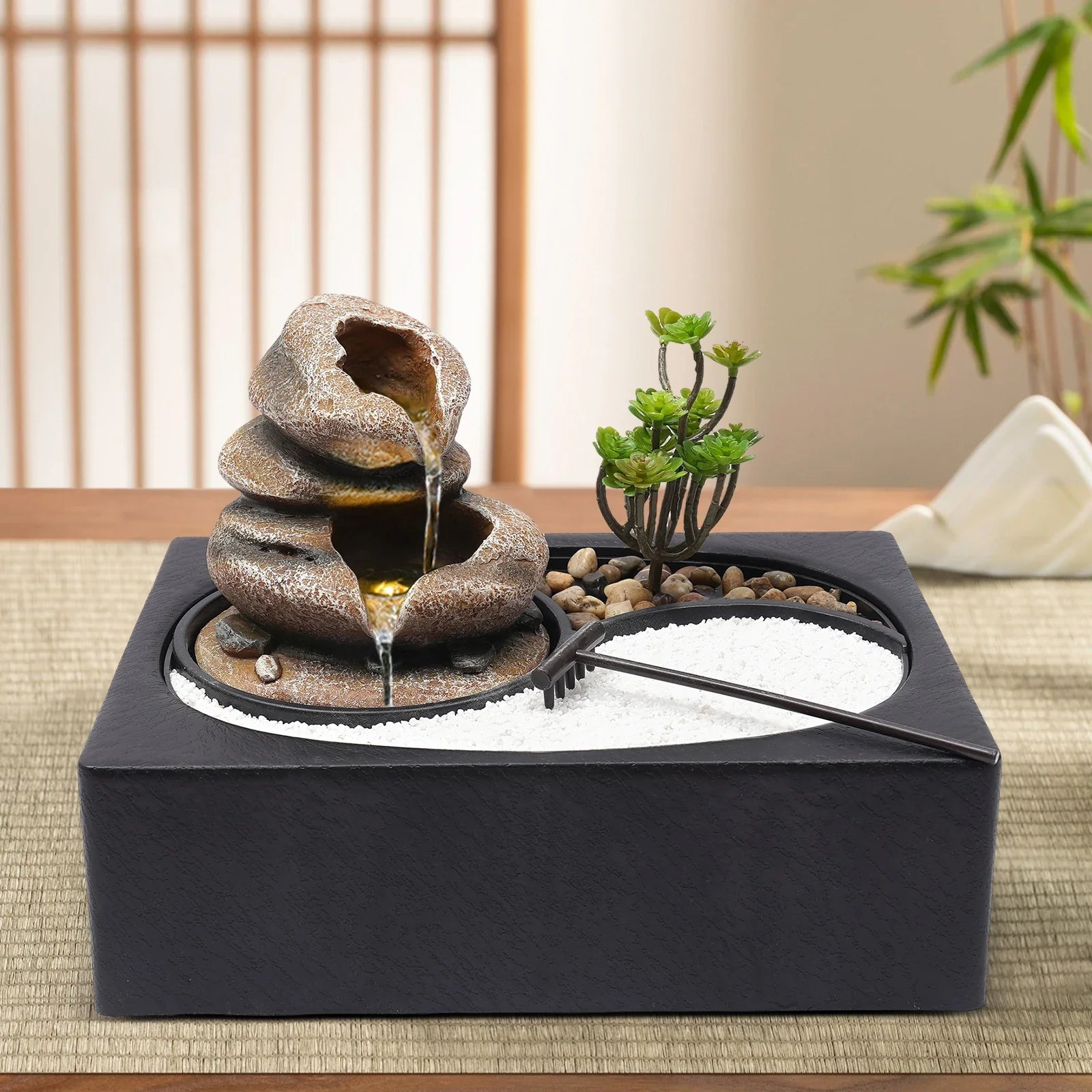Bymaocar Tabletop Resin Rock Water Fountain With LED Light Indoor Decor