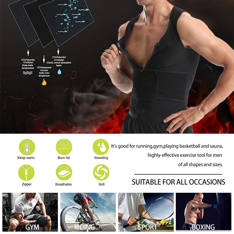 Men Body Shaper Sauna Sweat Vest Workout Tank Top Abdomen Reducer Waist Trainer Belly Slimming Shapewear with Zipper Weight Loss