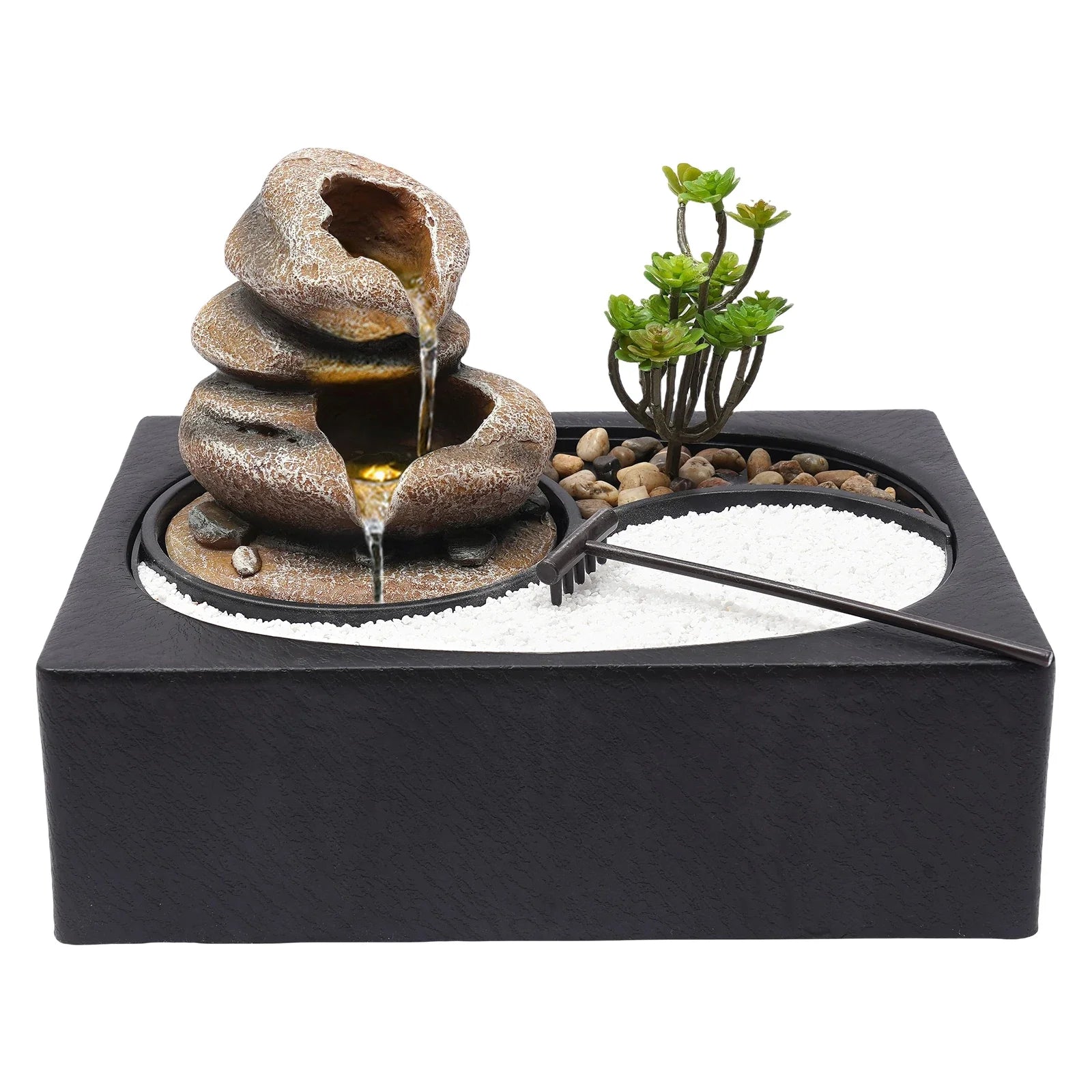 Bymaocar Tabletop Resin Rock Water Fountain With LED Light Indoor Decor