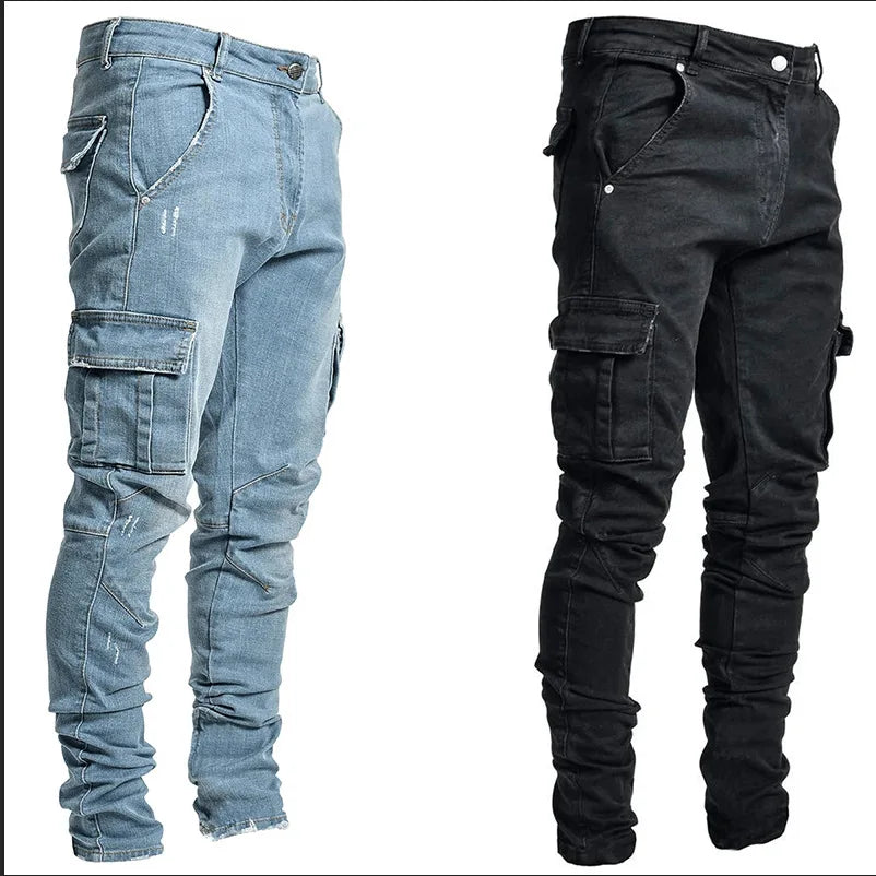 Street Elastic Jeans Men Denim Cargo Pants Wash Solid Color Multi Pockets Casual Mid Waist Trousers Slim Fit Daily Wear Joggers