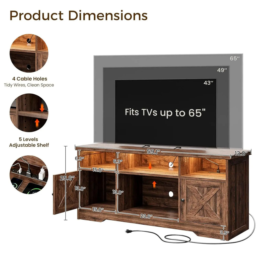BIANXIANG Farmhouse TV Stand With Power Outlet And LED Lighting