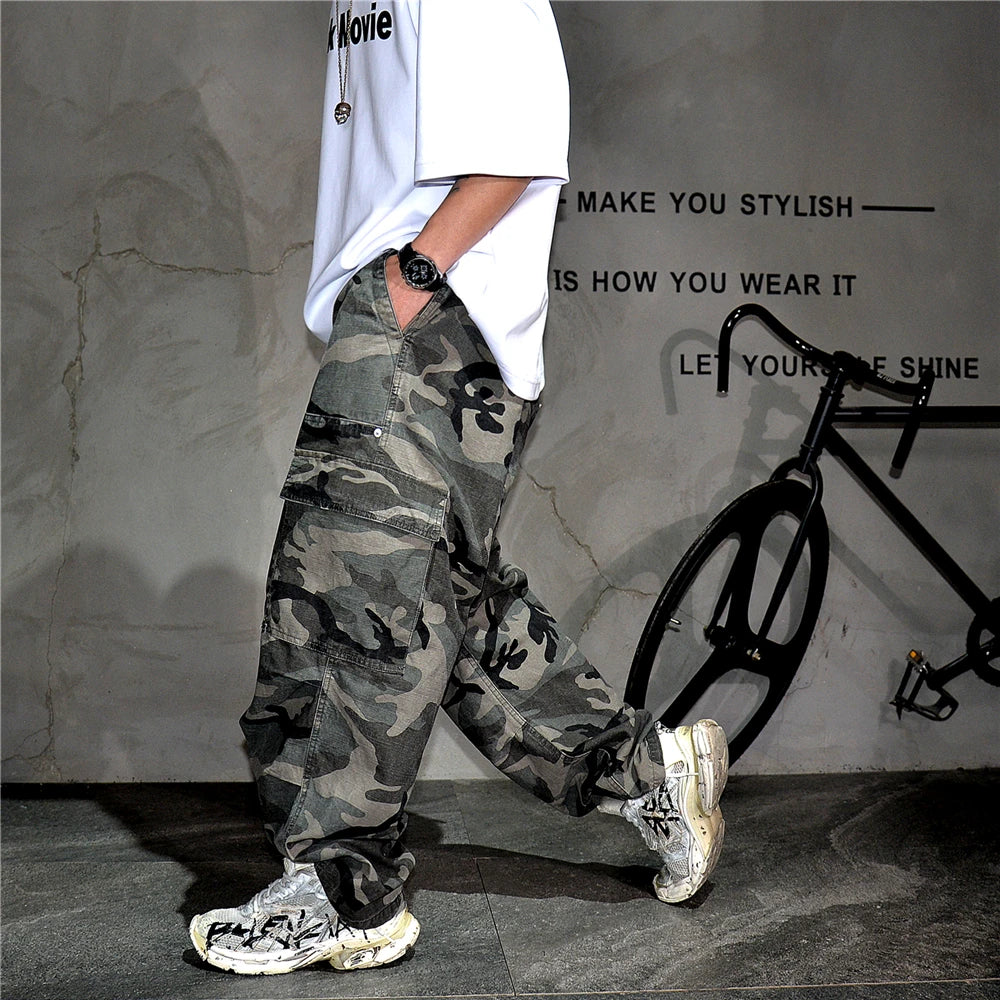 Mens American Tactical Cargo Pants Premium Camo Baggy Loose Fit Vintage Streetwear Korean Style Trendy Workwear Khaki Pants Male
