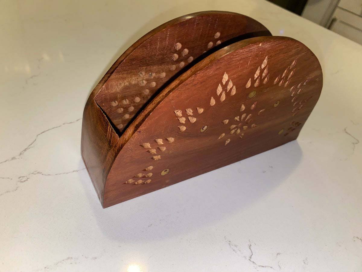 Vintage Wooden Paper Tissue Box Napkin & Tissue Holder Box Brass Inlay