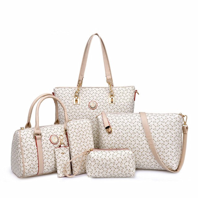 6 pcs lady set bag Women handbag with shoulder bag+Totes+clutch+key holder