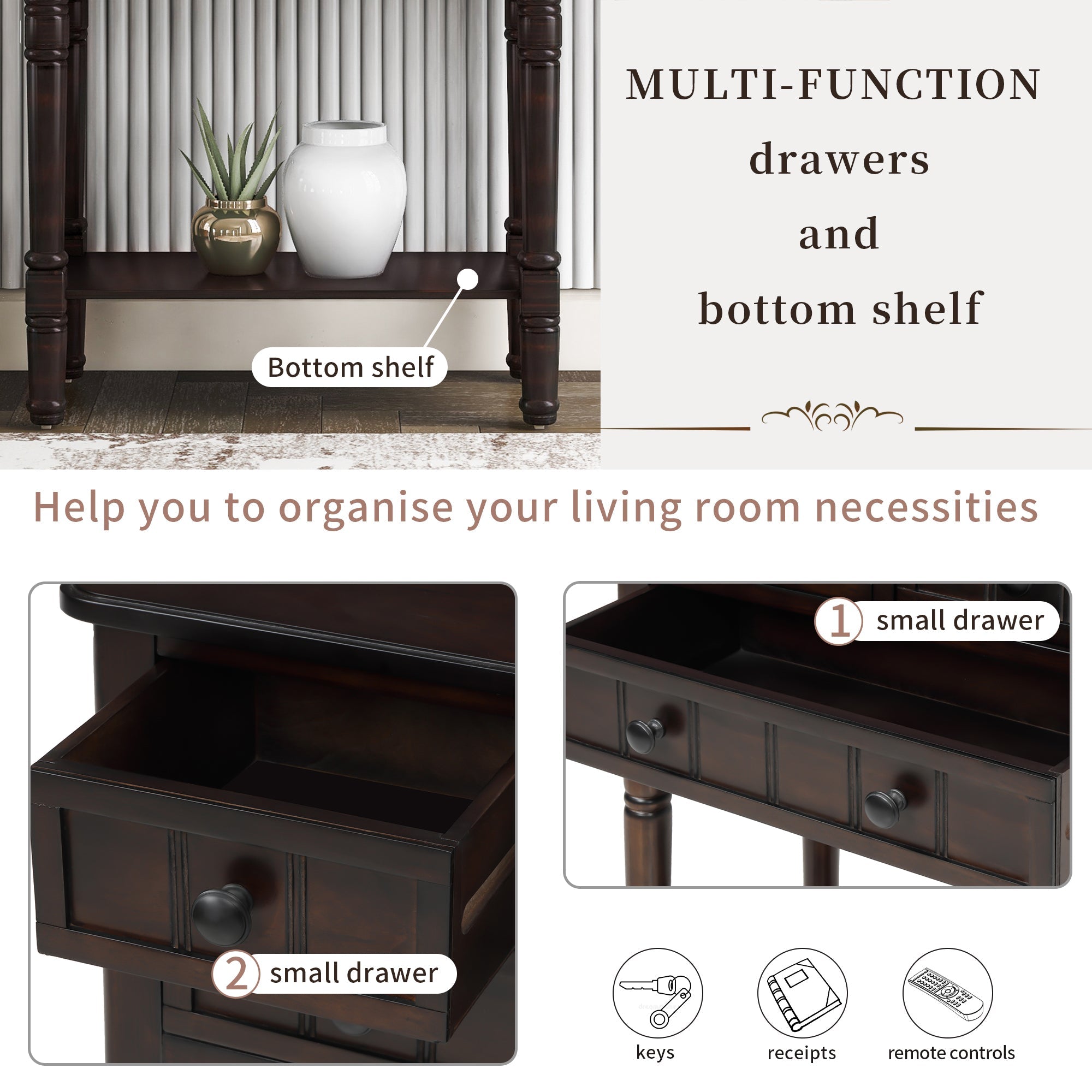 TREXM Narrow Console Desk, Ultra Thin Sofa Table with Three Storage Drawers and Living Room Bottom Shelves (Espresso)