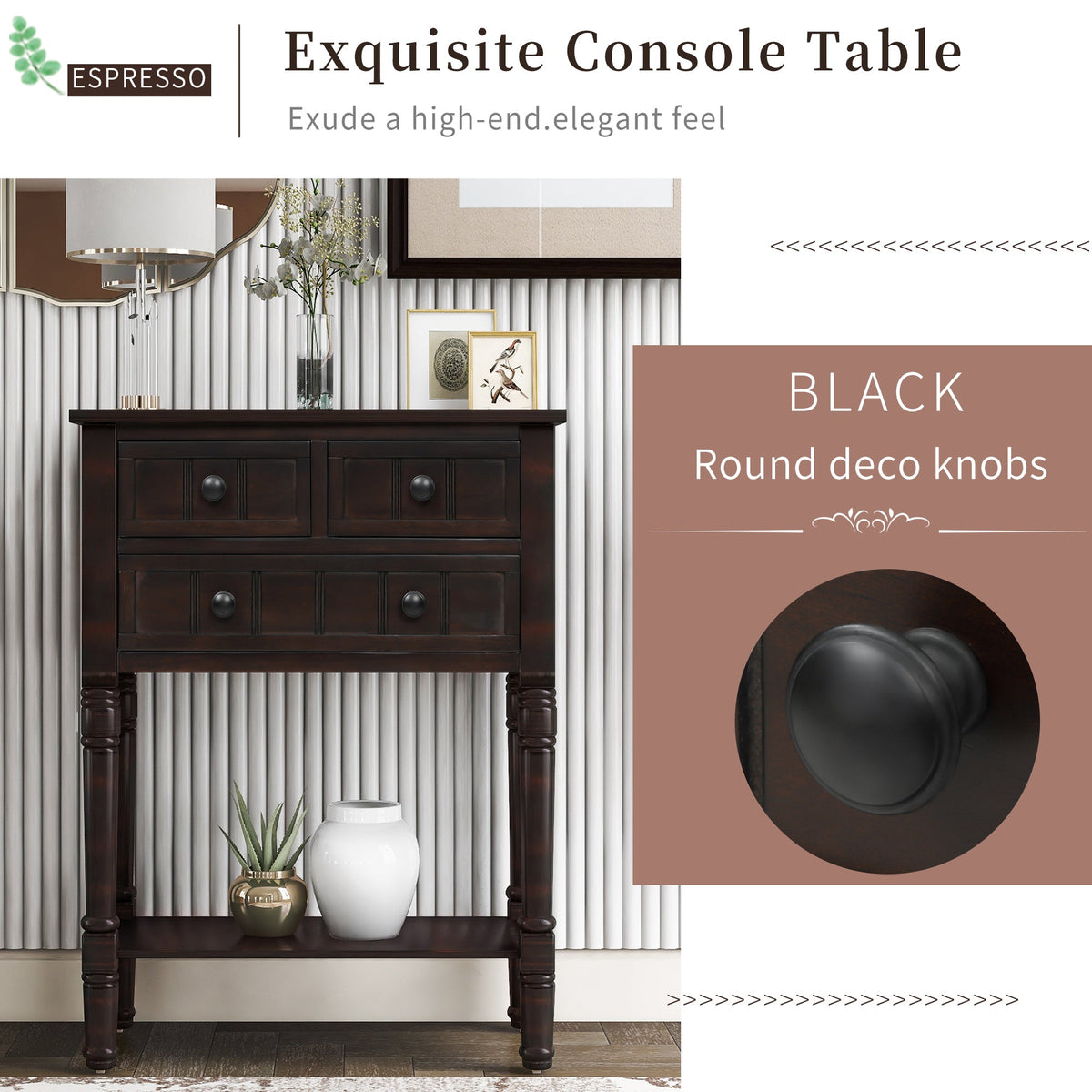 TREXM Narrow Console Desk, Ultra Thin Sofa Table with Three Storage Drawers and Living Room Bottom Shelves (Espresso)