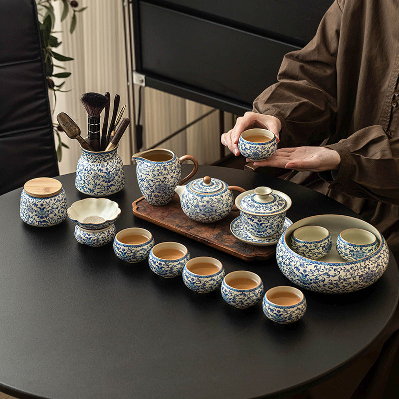 Kung Fu tea set blue and white lotus tea pot fair cup tea can ceramic lid bowl