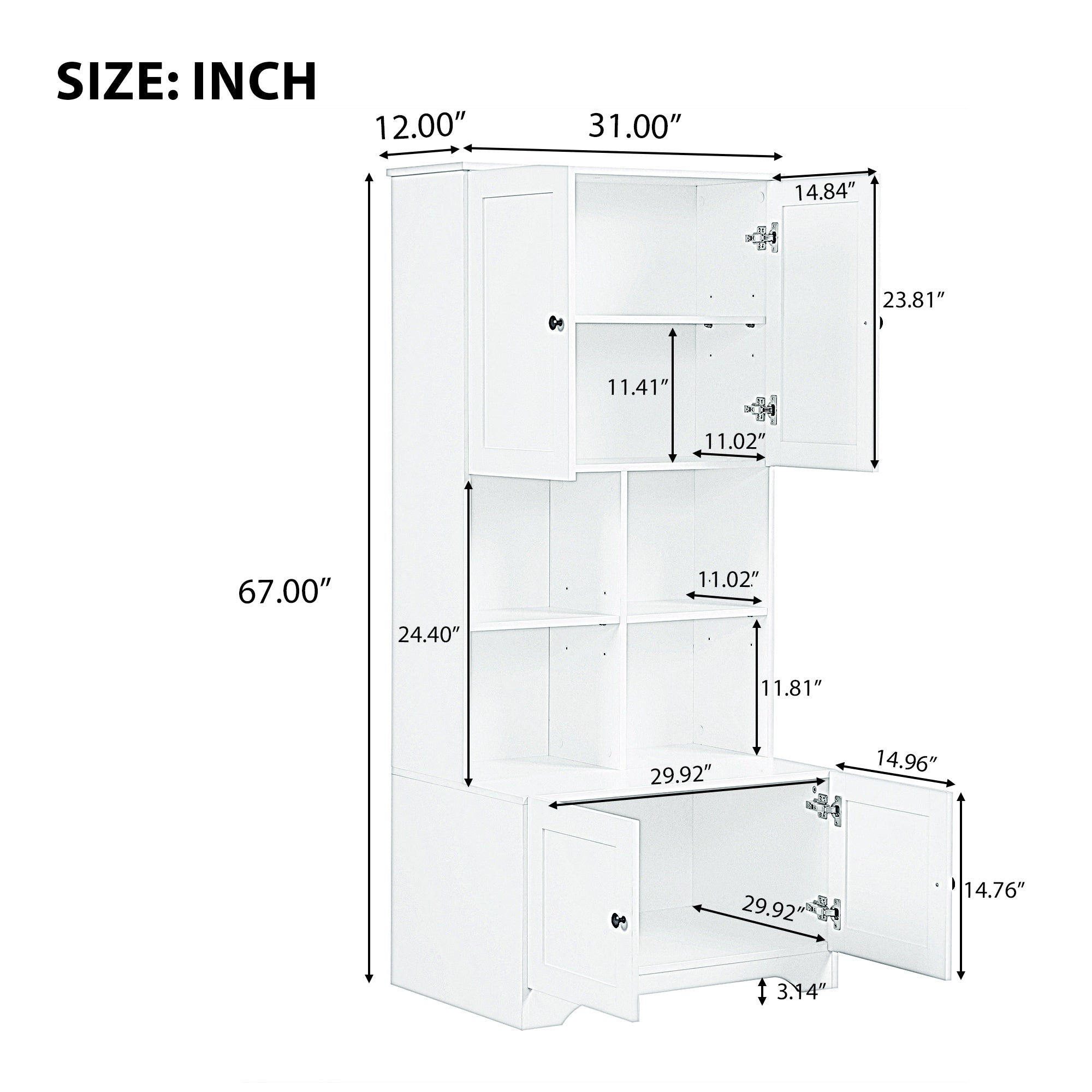 Bathroom storage cabinet, 4-door independent cabinet, adjustable shelf, open multi-layer shelf, white