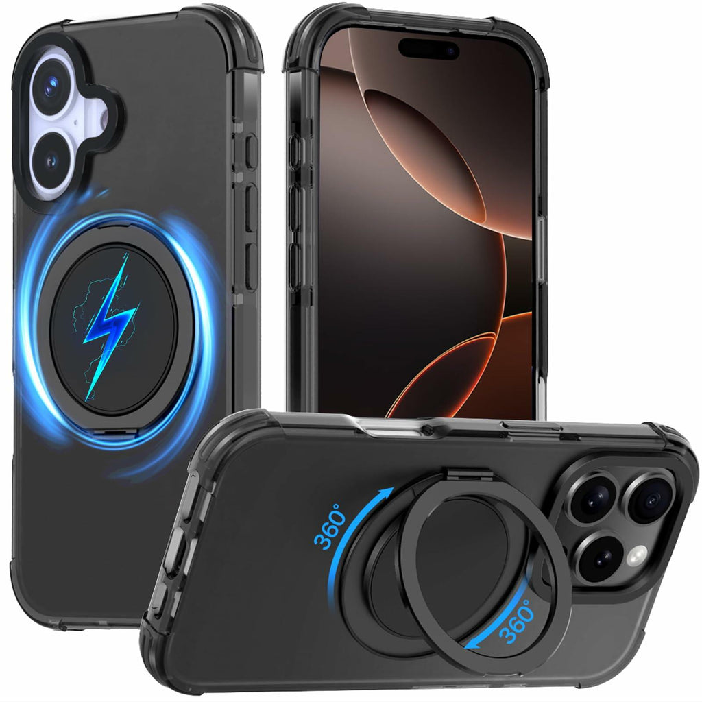 FUGTBLESS iPhone 16 Case 6.1" Translucent Magnetic O-Ring 360° Stand