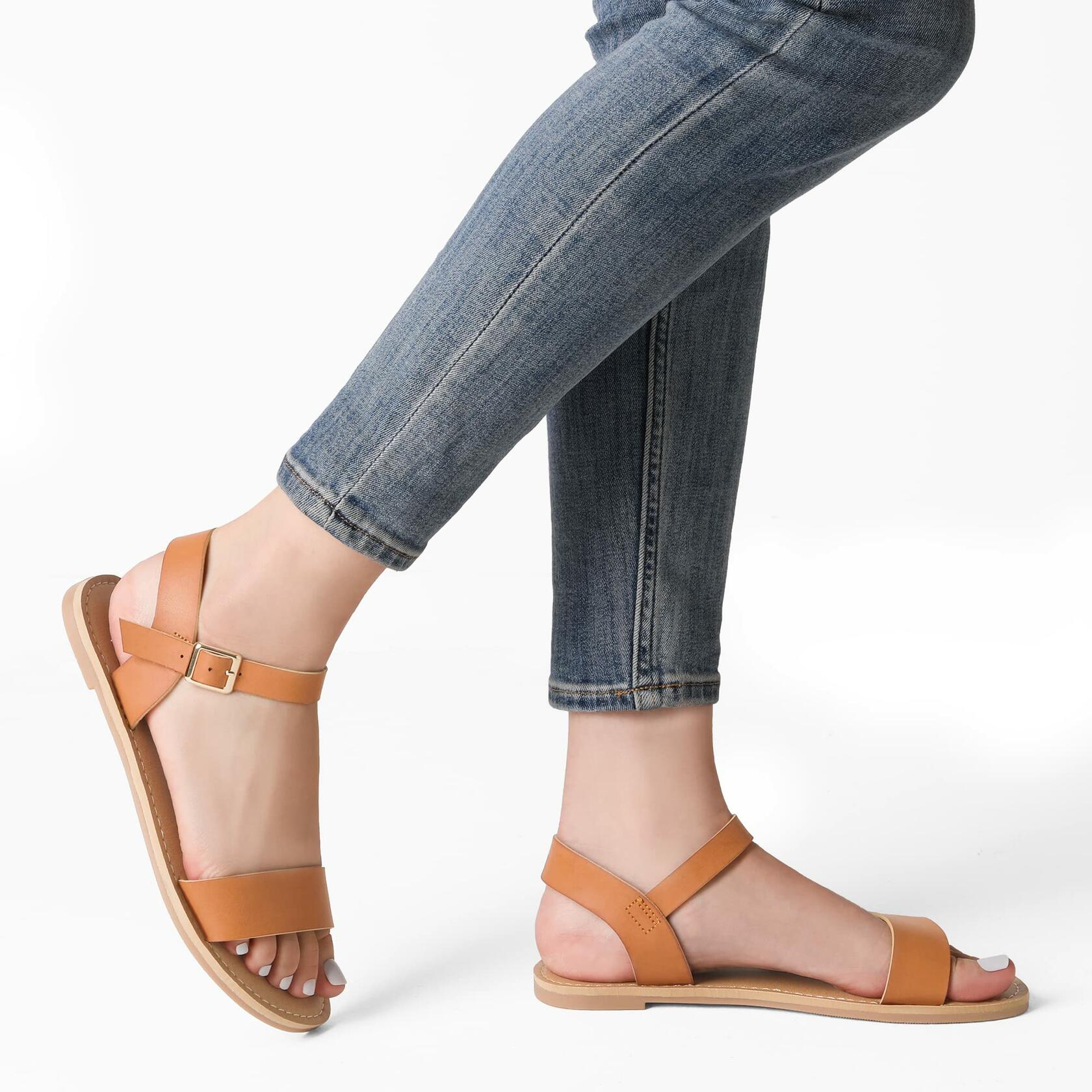 DREAM PAIRS Women's Ankle Strap Flat Sandals Open Toes Size 6.5 Tan HOBOO