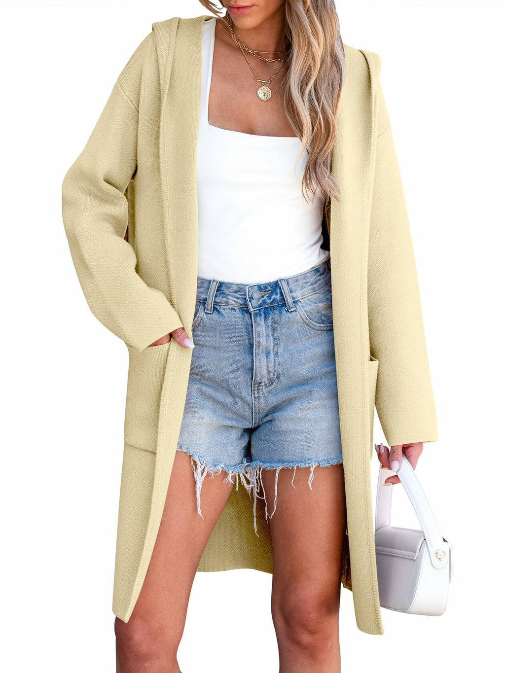 ANRABESS Women Cardigan Open Front Knit Hoodie Sweater Coatigan XS Beige