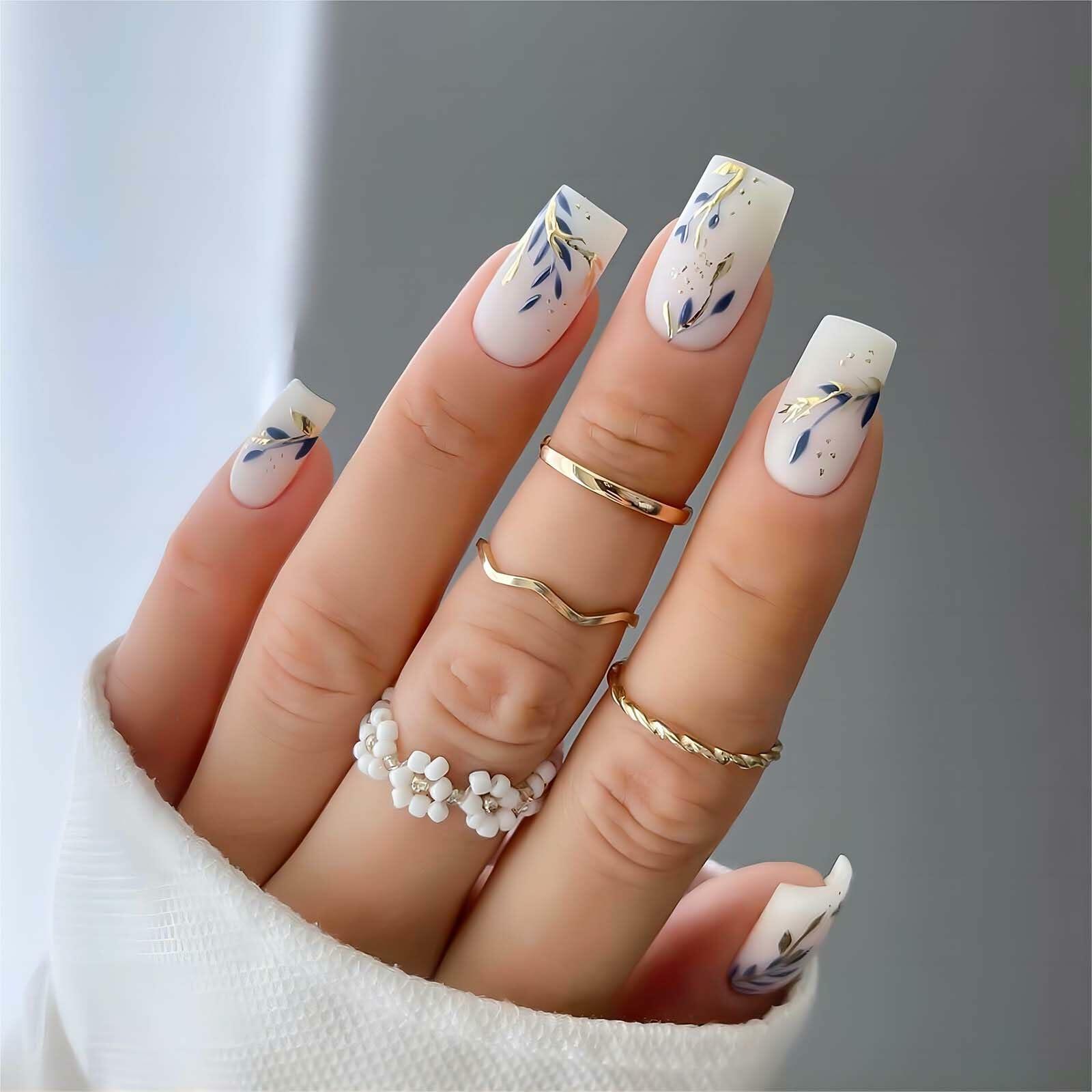 RUOKEXIN Acrylic Coffin Nails 24Pcs Red Blue Flower Gold Rhinestones Glossy