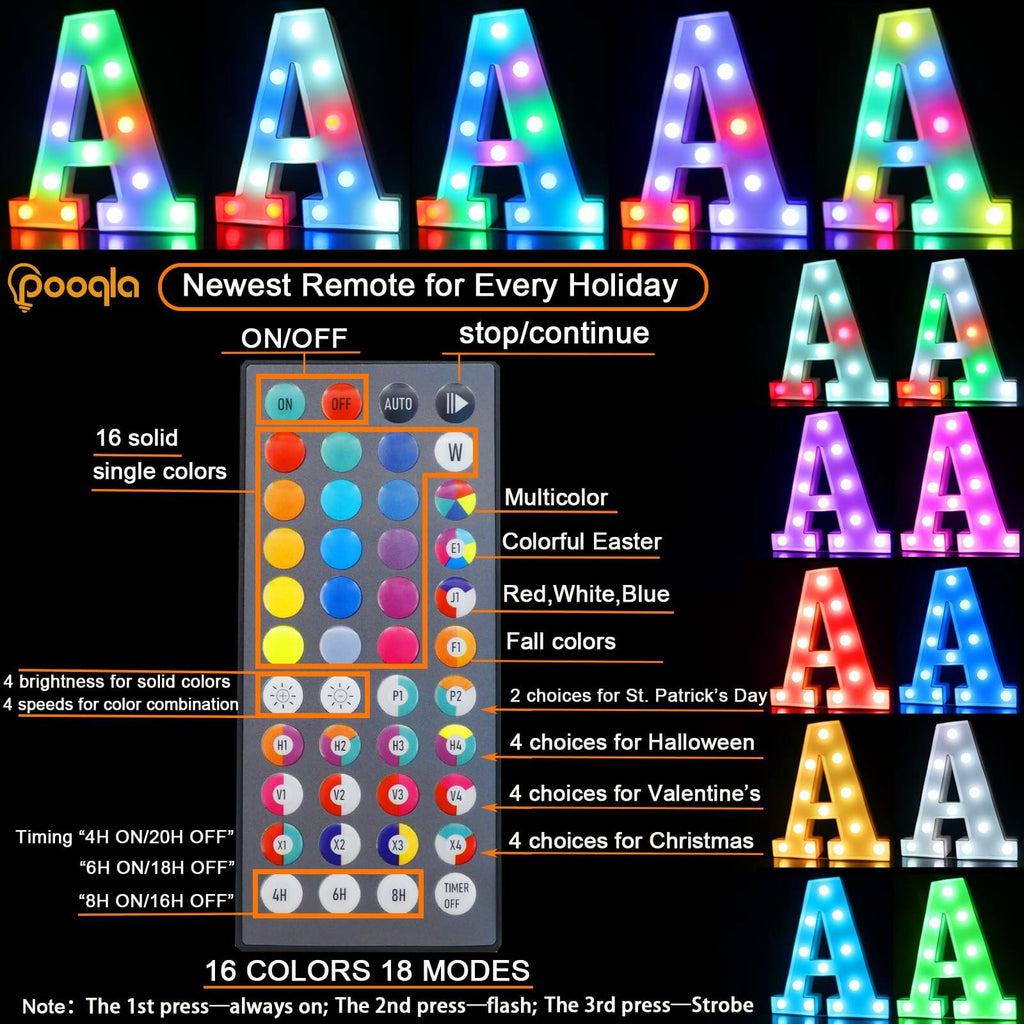 Pooqla Light Up Letters with Remote 34 Colors RGB LED Battery Operated P