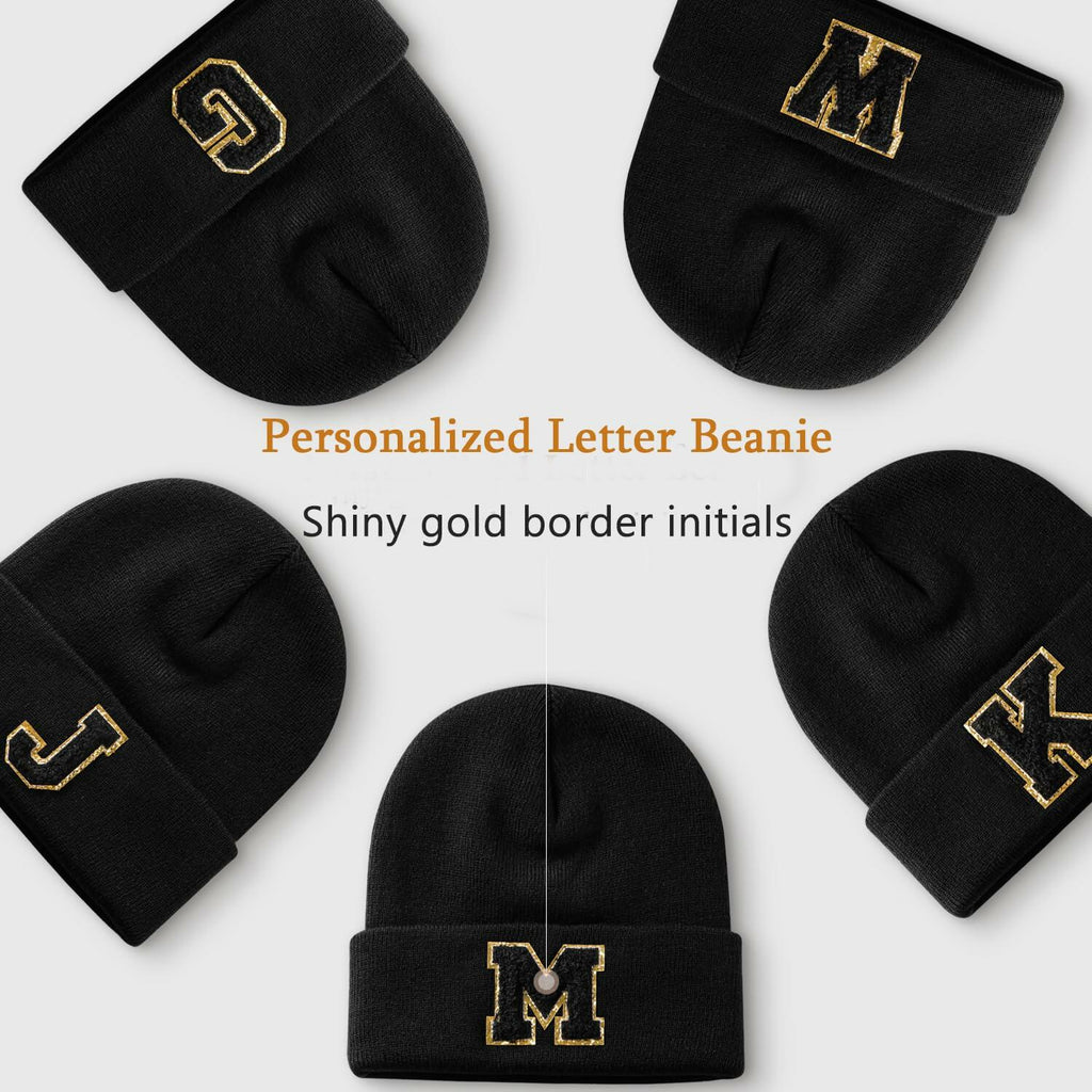 Lightbird Initials Beanie Winter Hat Black for Women Teens
