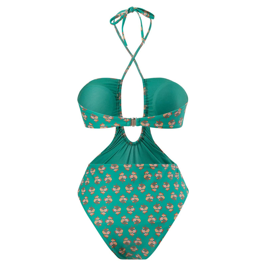 Hawaiian One Piece Swimsuit & Cover Up Wrap Skirt Set Halter Green Size L