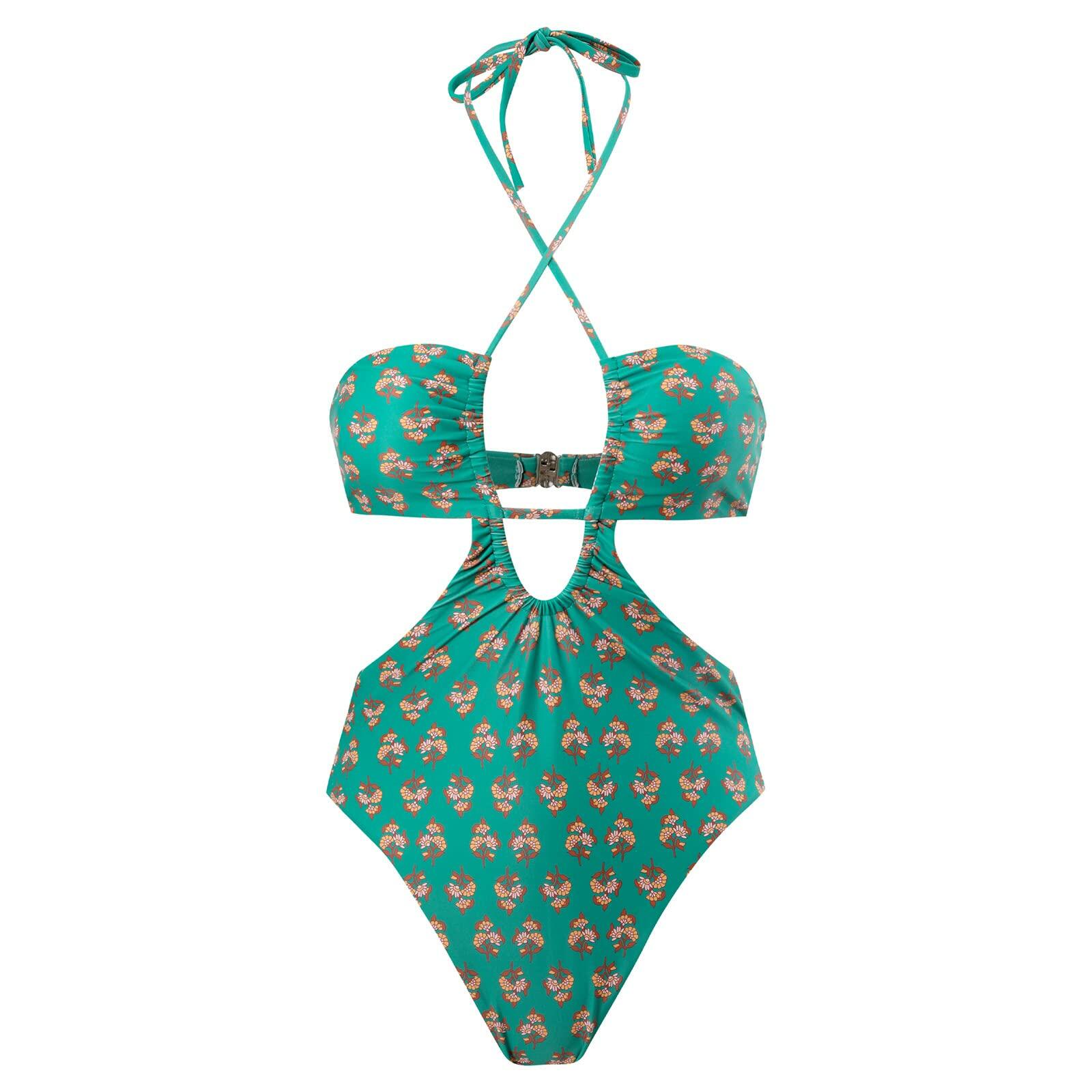 Hawaiian One Piece Swimsuit & Cover Up Wrap Skirt Set Halter Green Size L