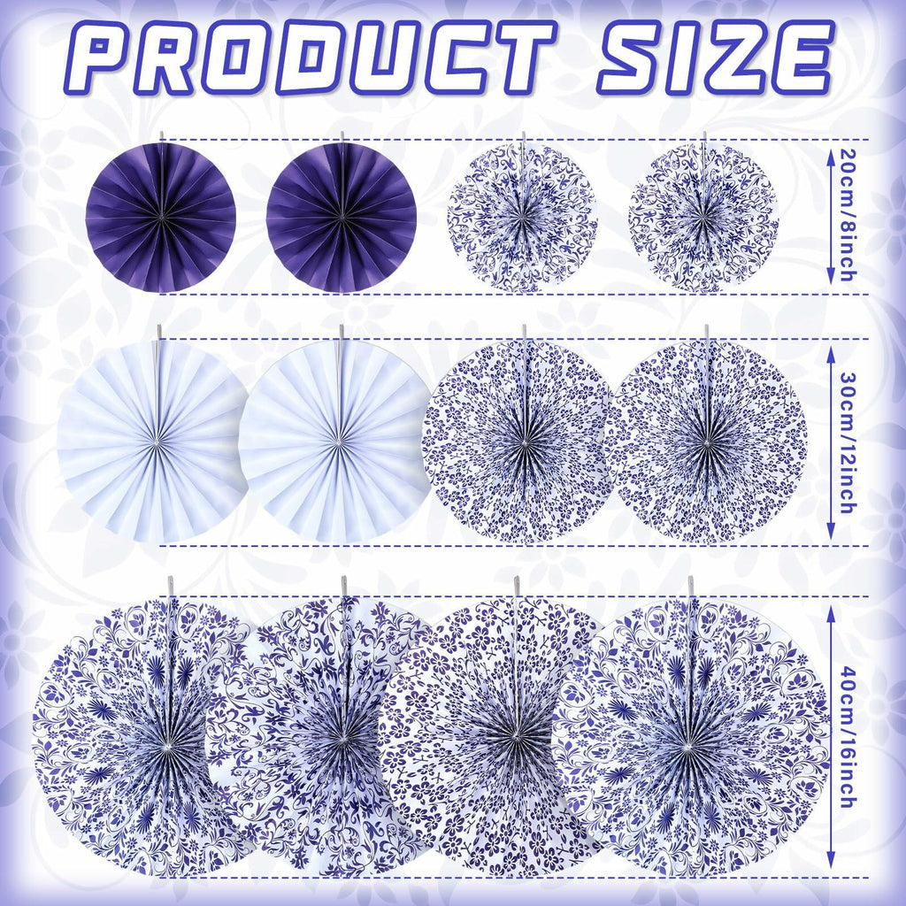 Wonderjune Chinoiserie Hanging Paper Fans Blue White 12 Pcs Party Decor