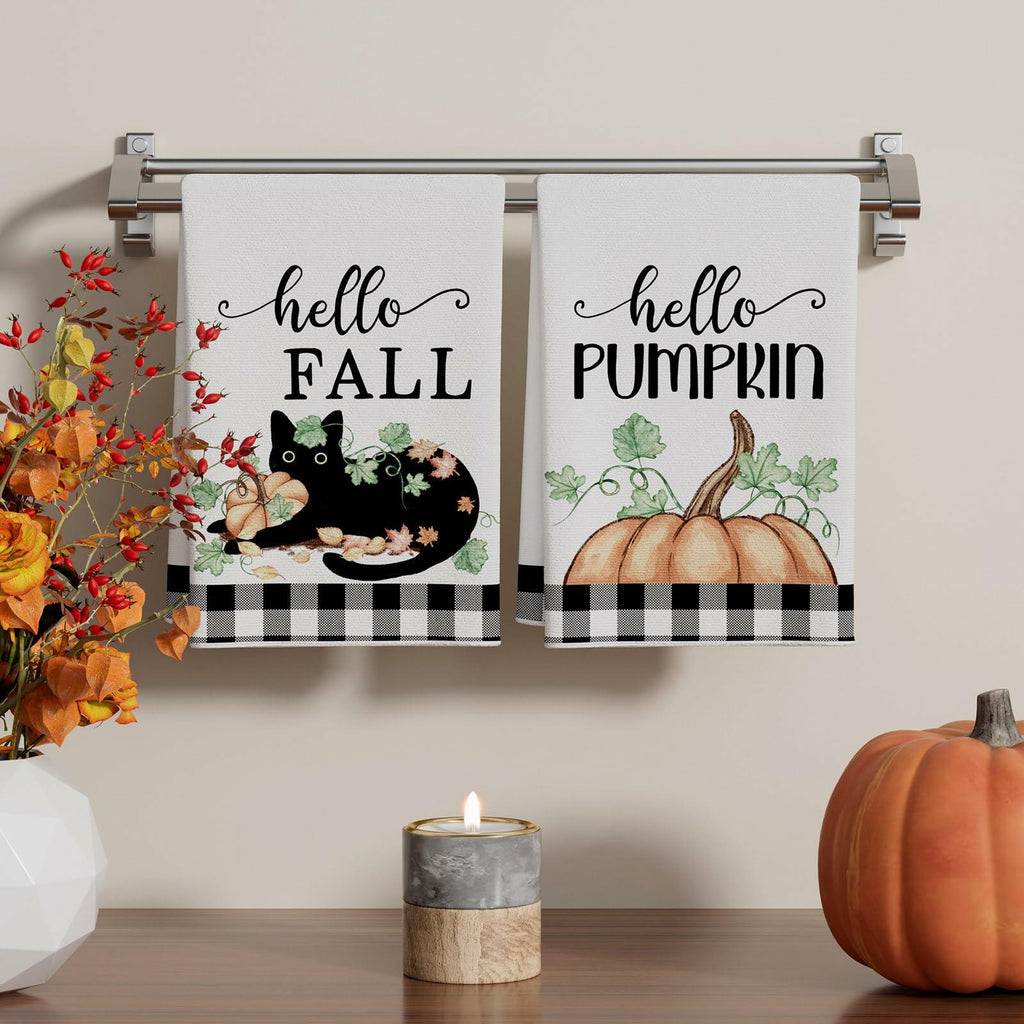 XCHI Fall Black Cat Pumpkin Plaid Kitchen Towels 18x26 Inch Set of 2