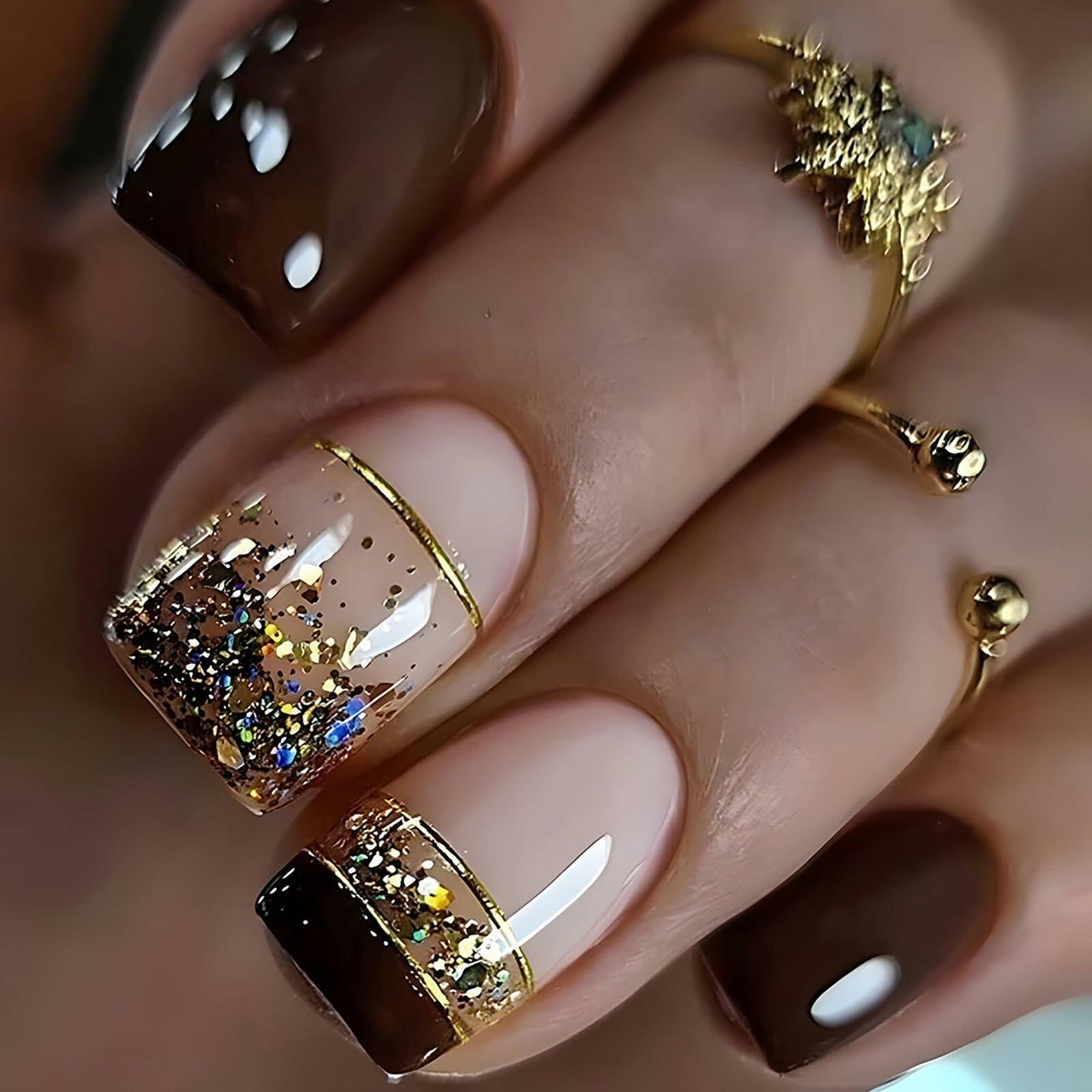 Brown Press On Nails Short Square Glitter Nude Brown Full Cover 24 Pcs