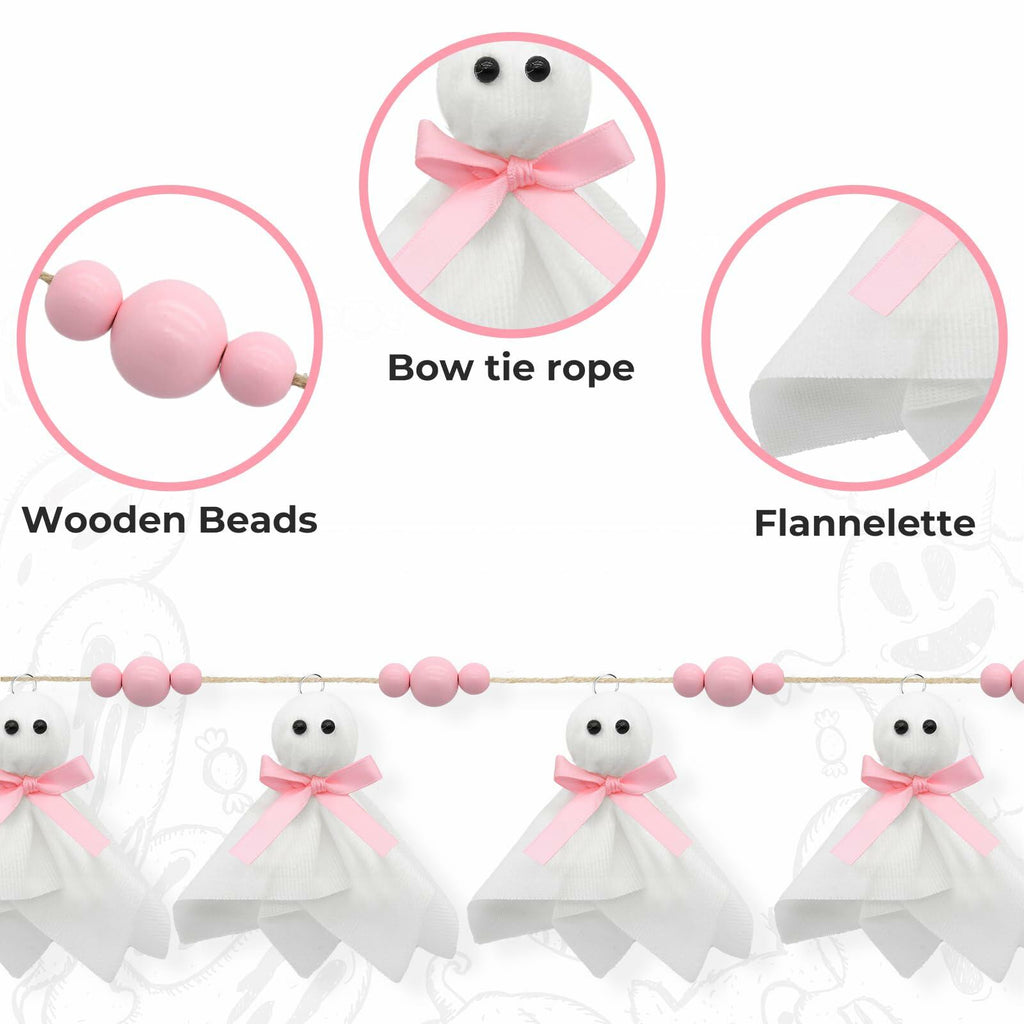 CRAFLOX Pink Halloween Garland Ghost Decor 6.6Ft Wooden Beads Small