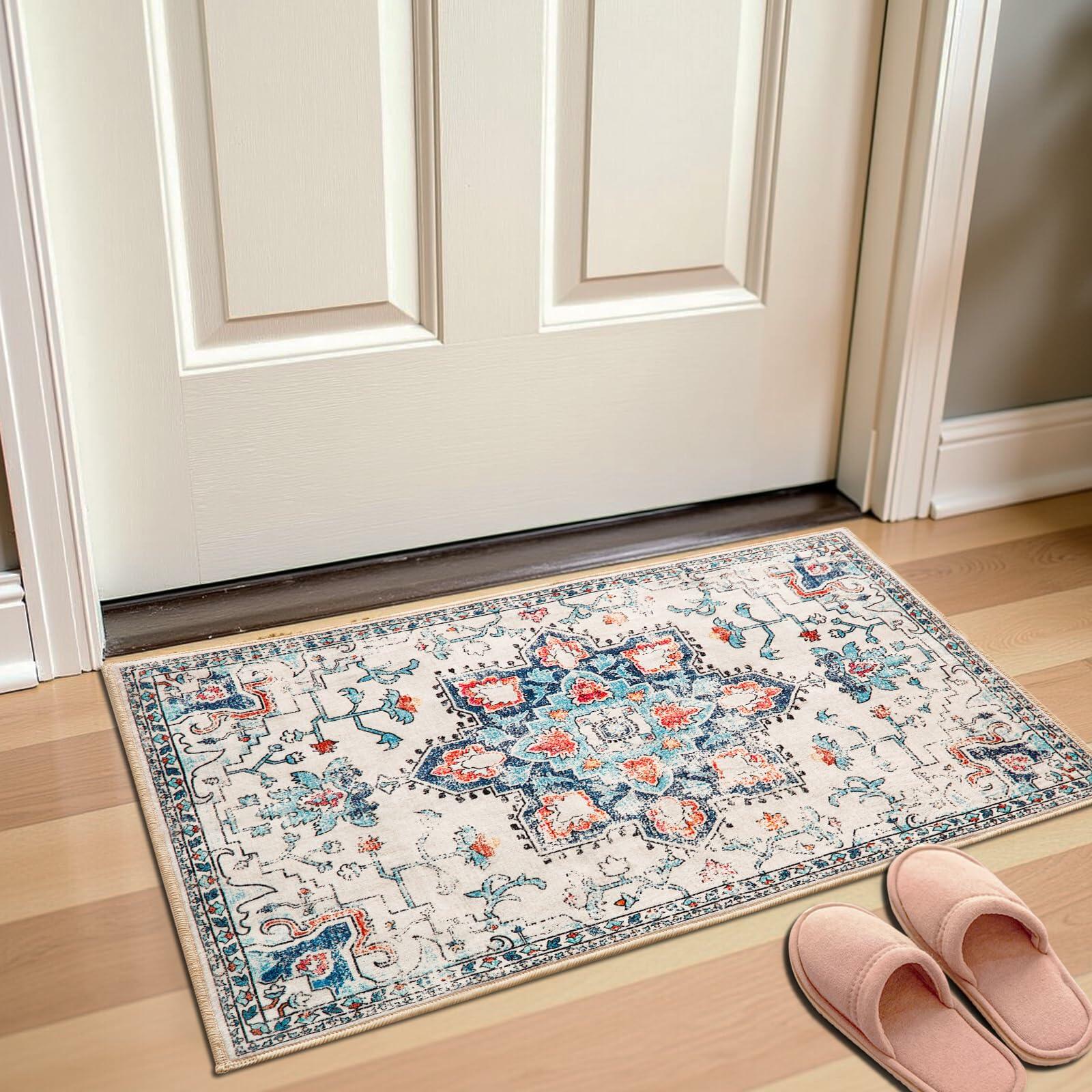 Puremy 2x3 Vintage Boho Entryway Rug Non Slip Low Pile Floral Cream