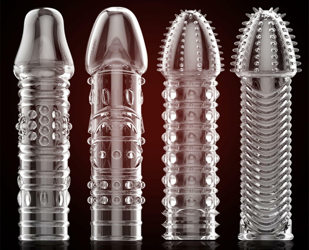 4PCS Threaded Male Condoms Transparent Fine Ring Extended Sleeve Adult